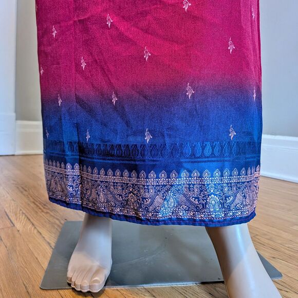 Vintage 90s Thai Silk by Apple Wrap Skirt Red Blue Filigree Ombre - Picture 5 of 9